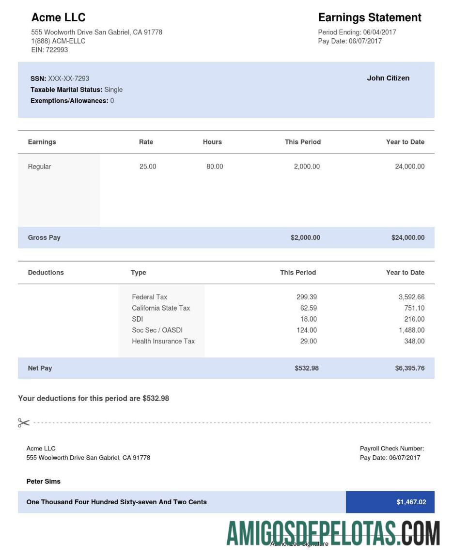 Declaração de ganhos da USA CALIFORNIA ACME LLC em formatos Word e PDF exemplo real